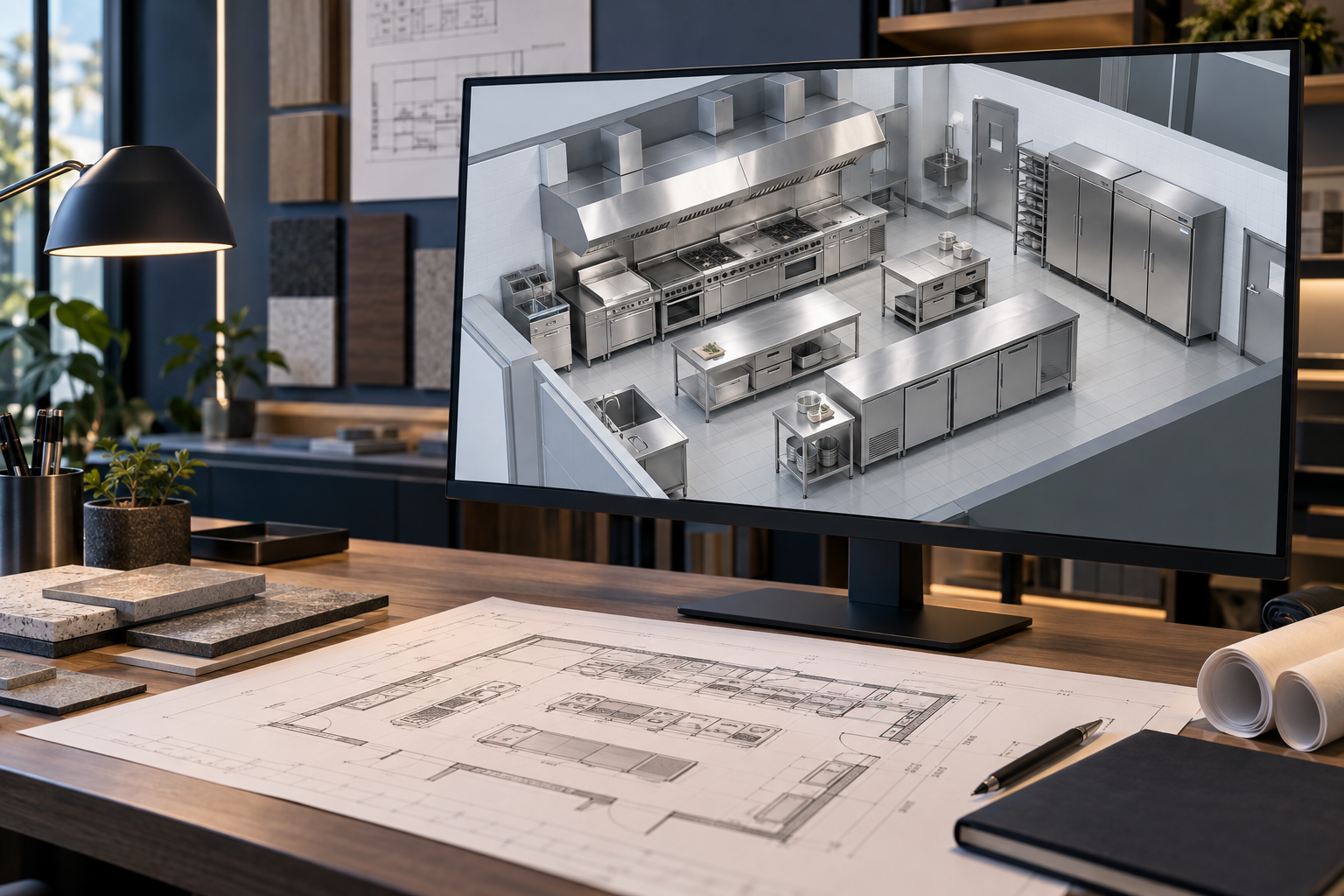 Concept illustration of a commercial kitchen design on a workstation monitor