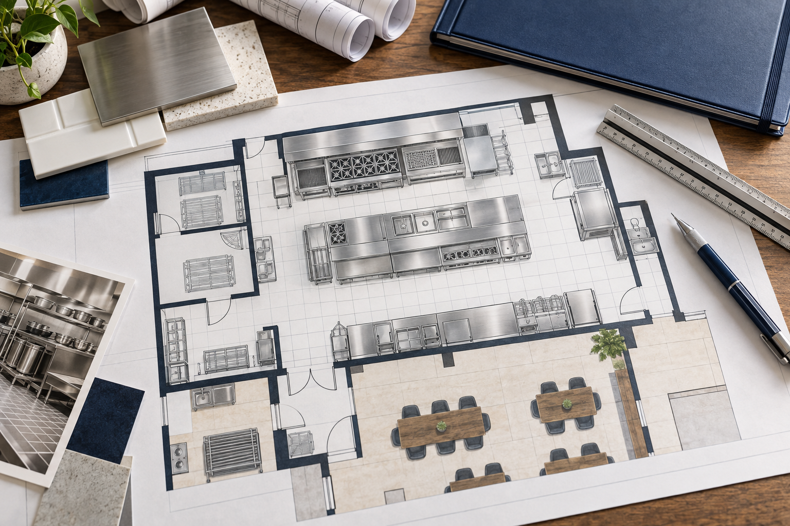 Concept illustration of restaurant kitchen plans with drafting tools and material samples